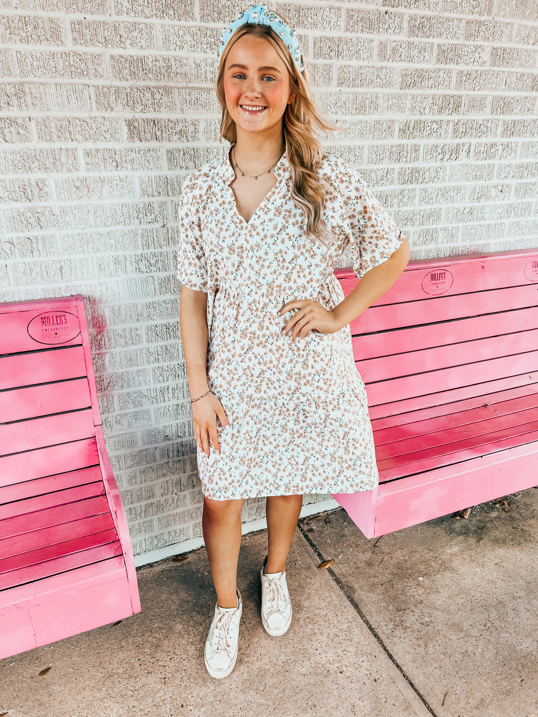 Beige floral flutter sleeve dress