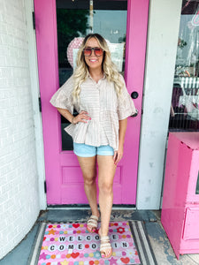 Cream & Red Stripe button top
