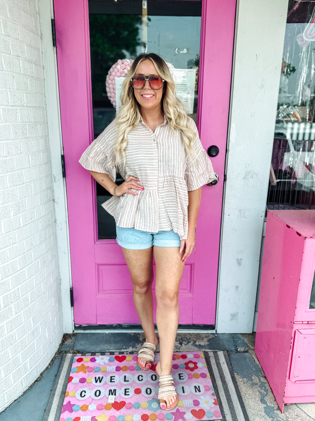 Cream & Red Stripe button top