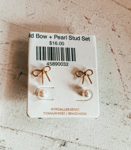Gold Bow + Pearl Stud Set
