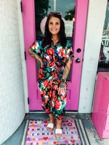 Floral satin button up dress