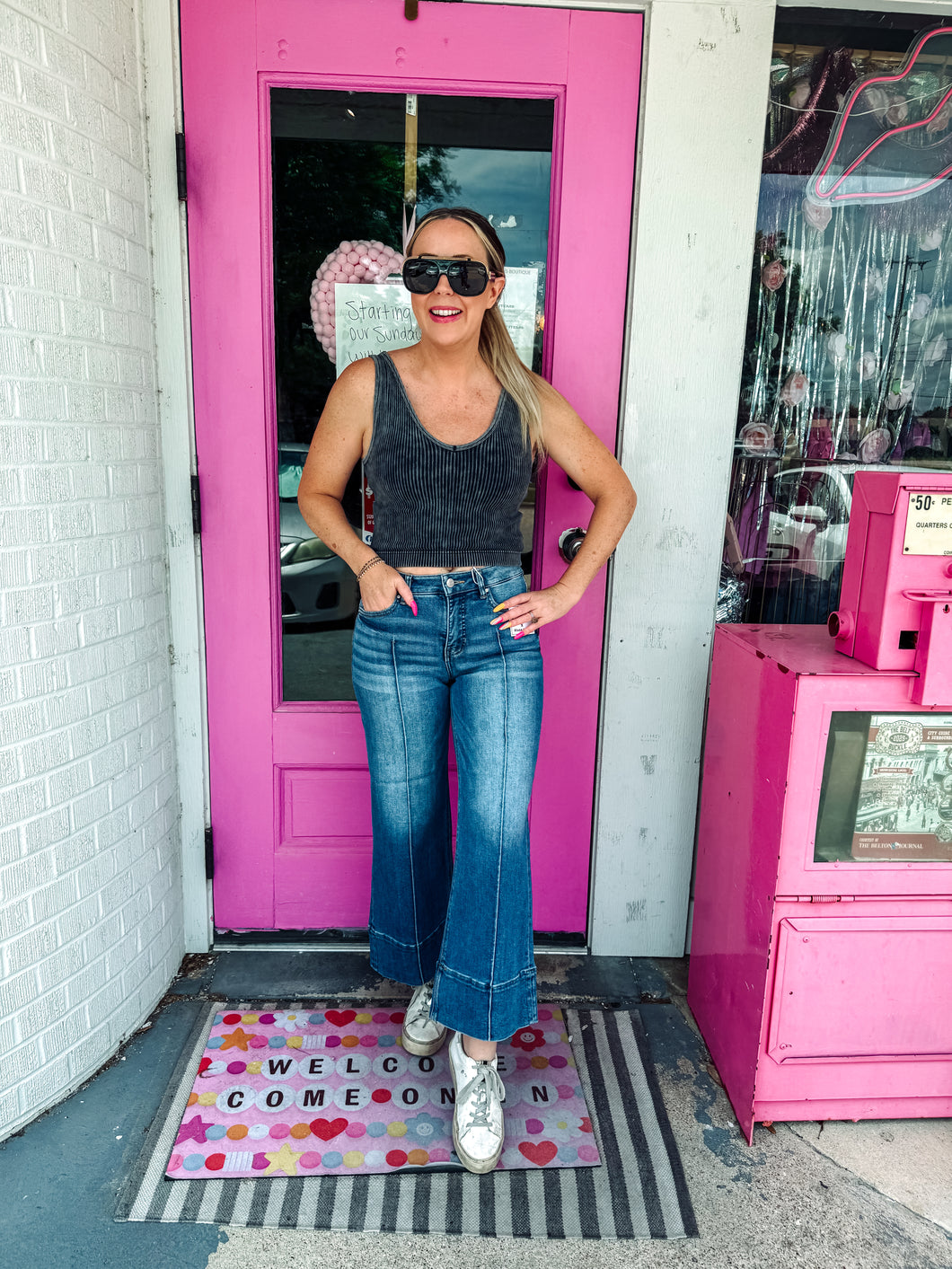 Tummy Control mid rise crop wide leg pintuck front jeans