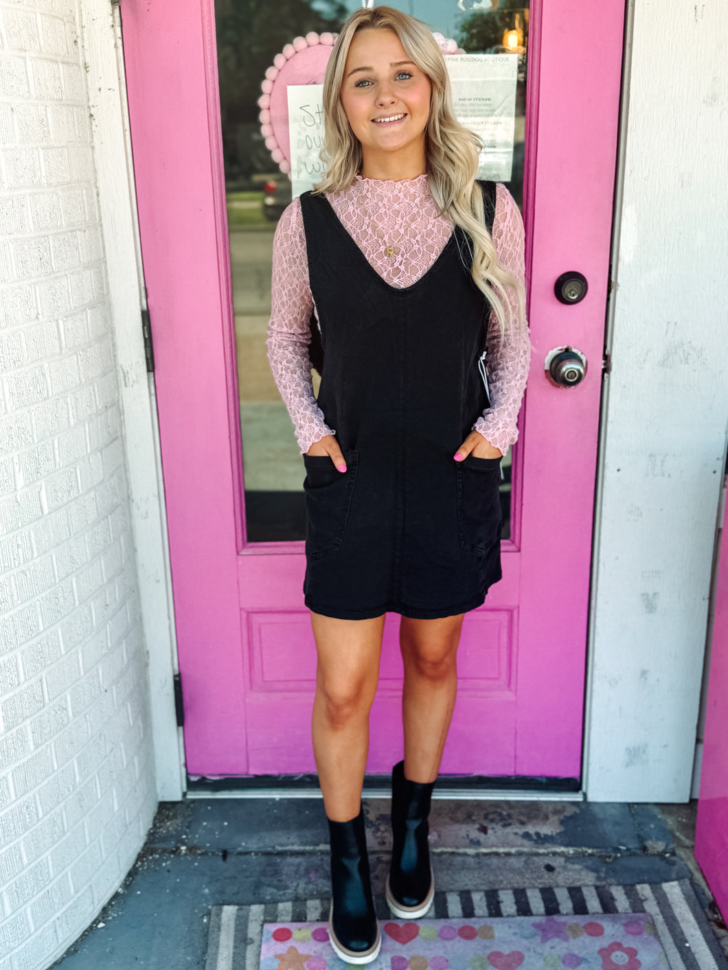 Black Washed Adjustable Strap Denim Overall Dress – Pink Bulldog Boutique