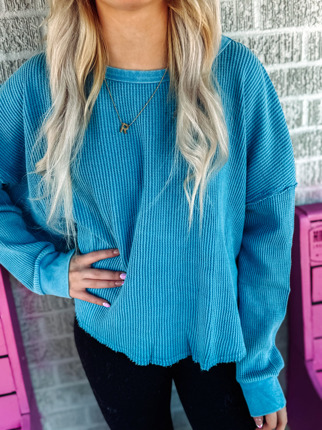 Mineral Washed Dropped Shoulder Waffle Knit Top