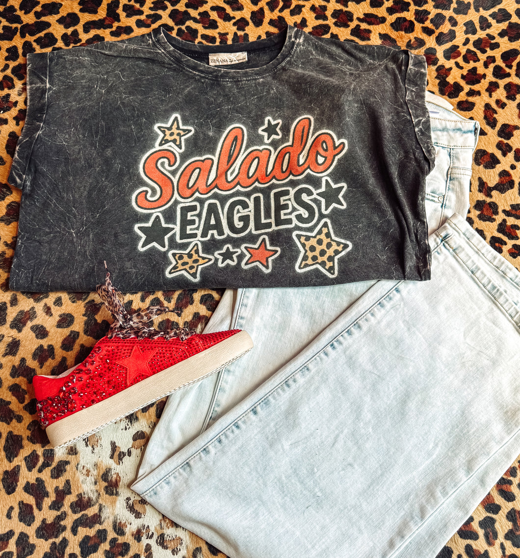 Salado eagles leopard stars black acid wash cuffed tee