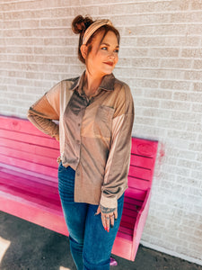 Colorblock suede button up