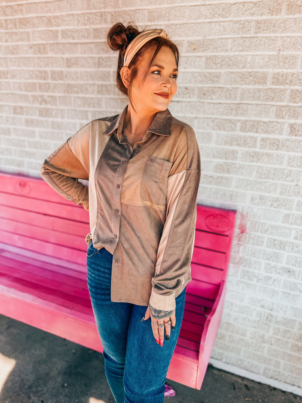 Colorblock suede button up