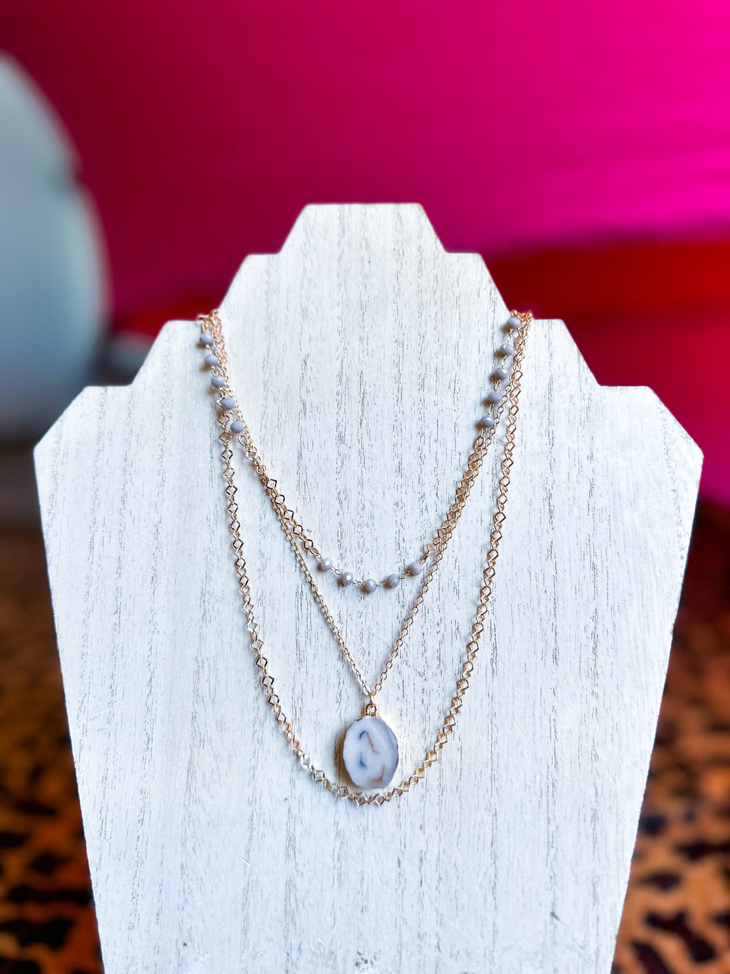 Gold 2 layer necklace with gray stone