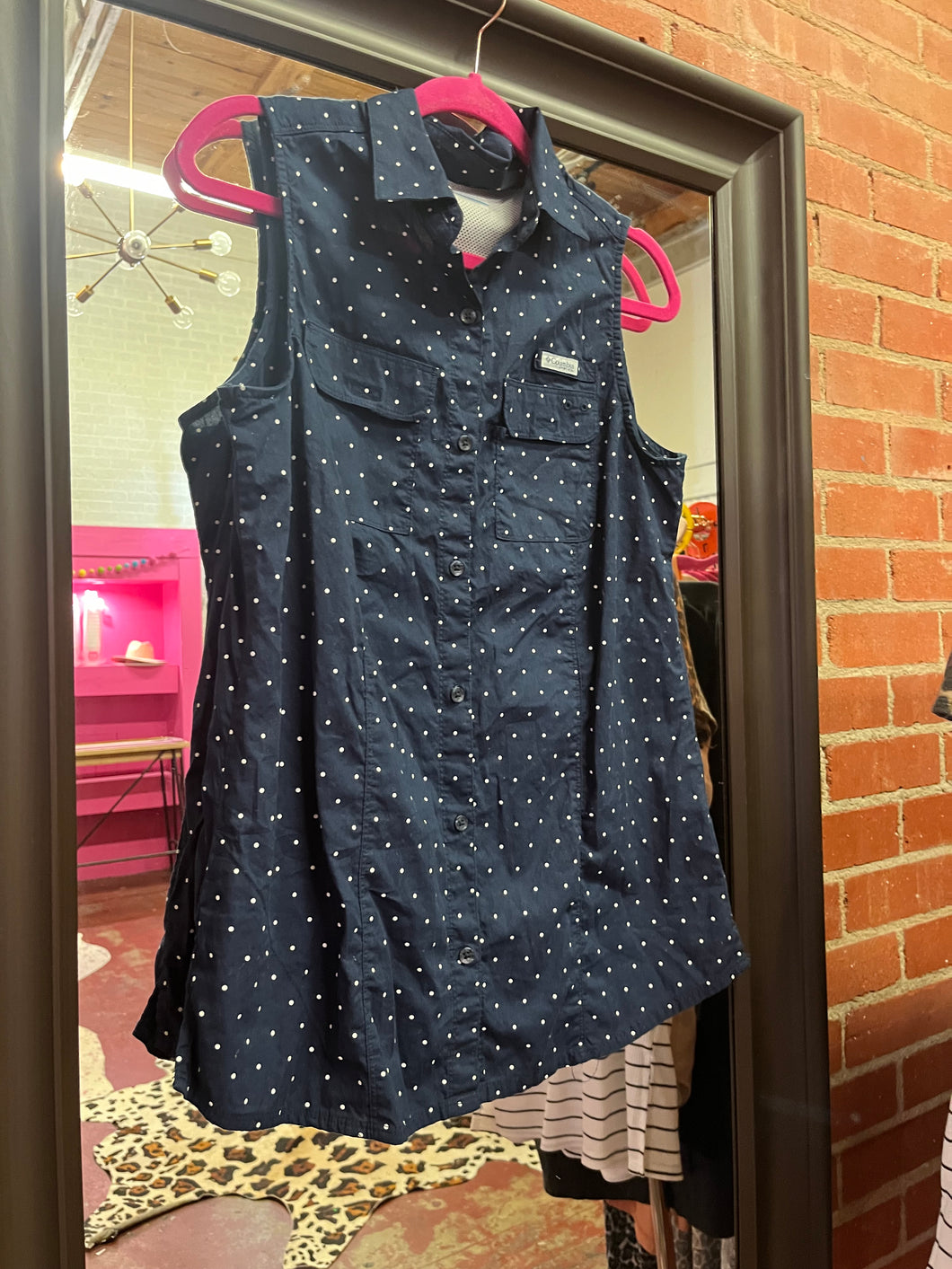 Navy Polka Dots Columbia Womens Top, Medium