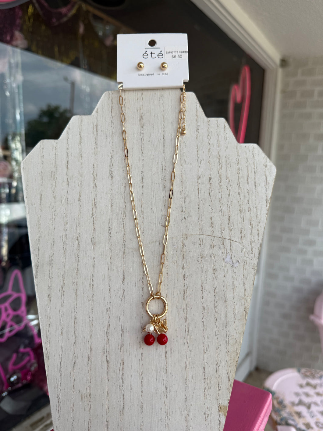 Gold paper clip cherry butterfly pearl necklace