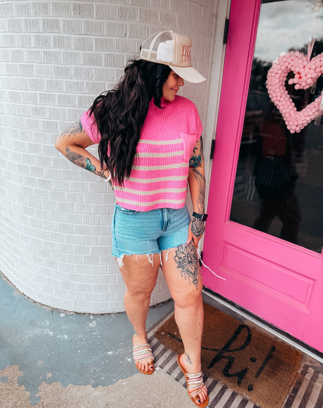 Stripe short sleeve sweater top
