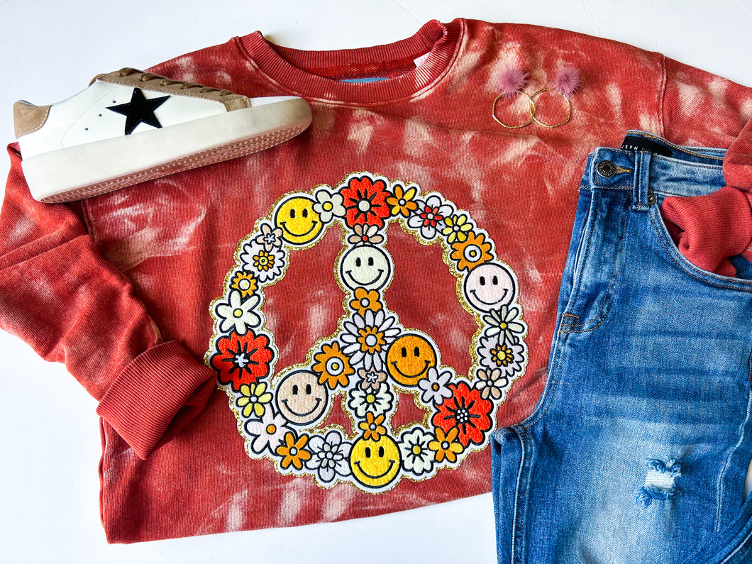 Peace sign chenille patch bleached sweater