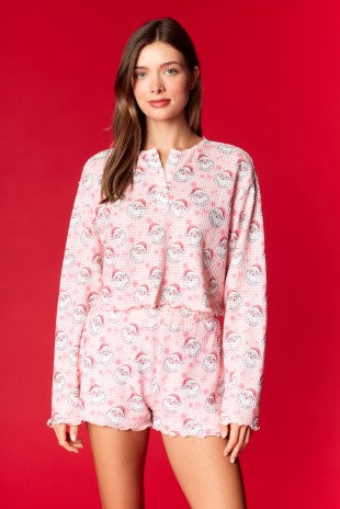 Santa Print Brushed Waffle Lounge Set