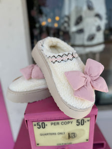 Pink bow Sherpa mule shoes