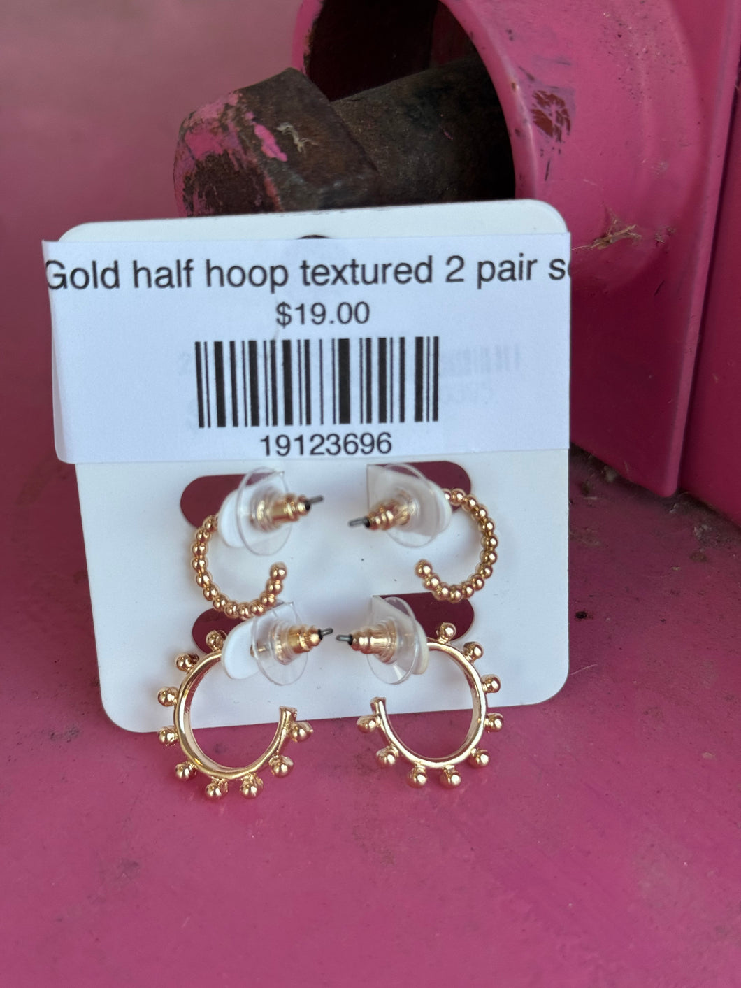 Gold half hoop textured 2 pair set