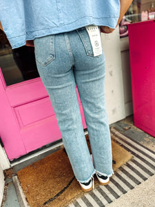 High rise distressed straight leg jeans