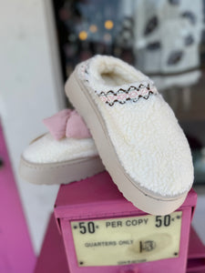 Pink bow Sherpa mule shoes
