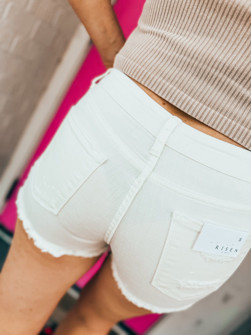 Tummy control High rise white button fly denim shorts