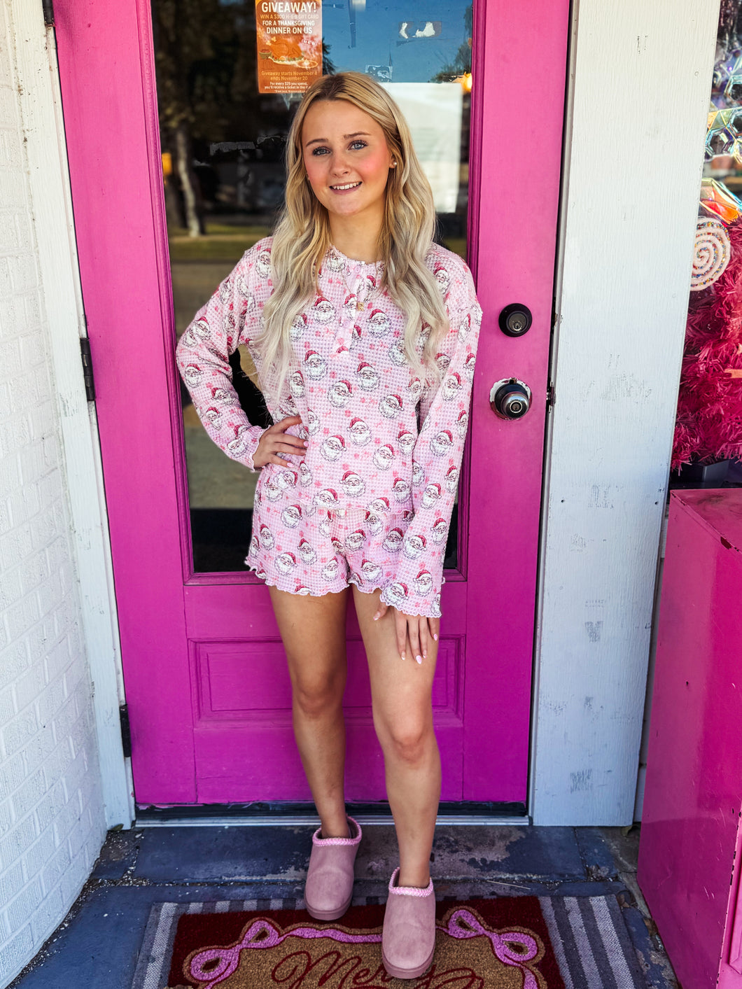 Santa Print Brushed Waffle Lounge Set