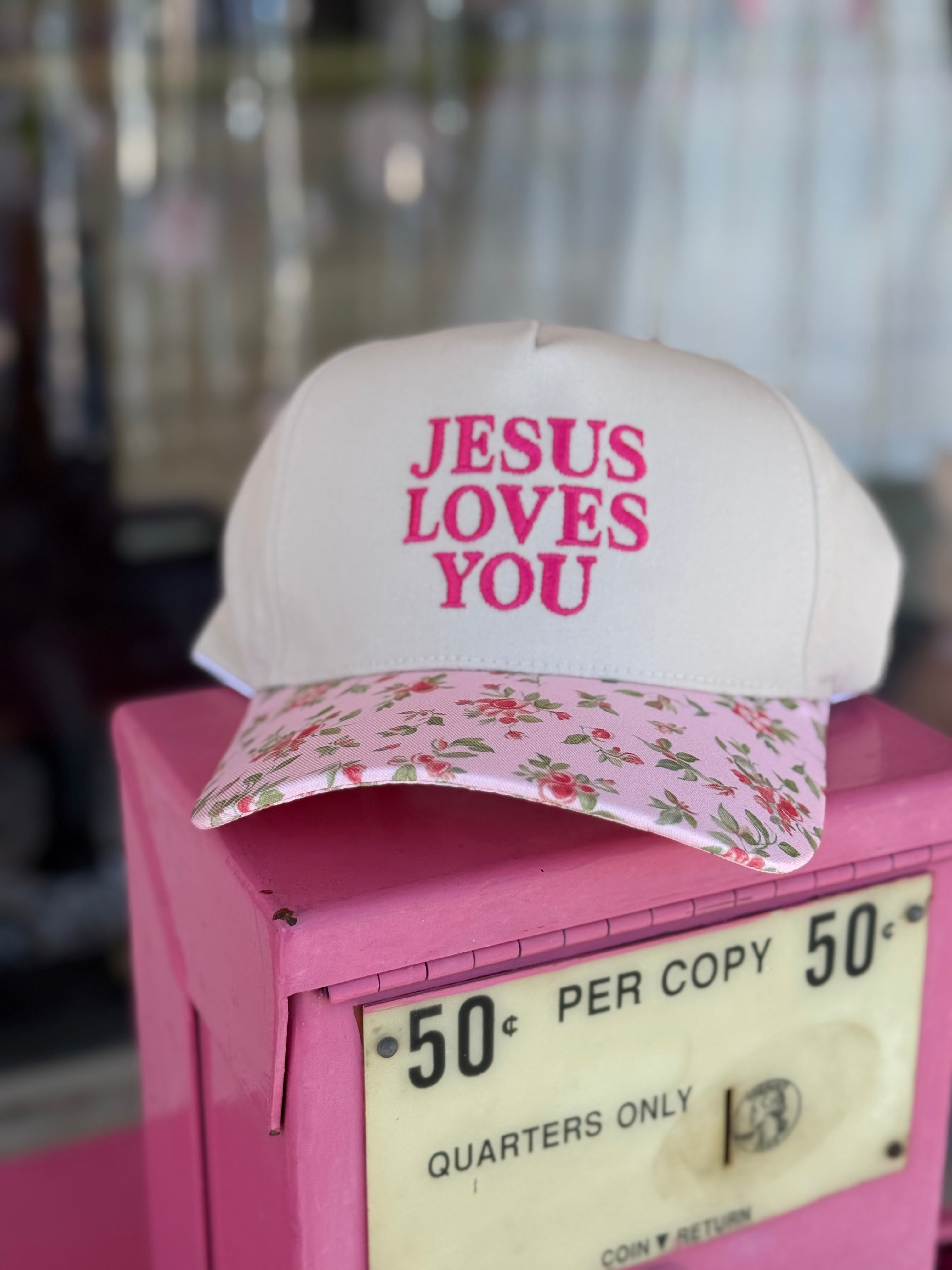Jesus Loves You Floral Baseball Cap - Pink/Beige Jesus Loves You Bow Embroidered Hat – Gospel Gear Co main image 2