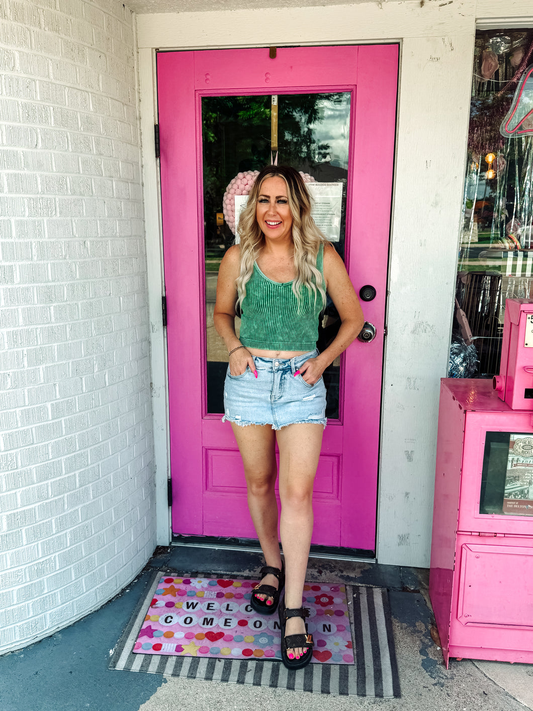 High rise distressed light wash skort