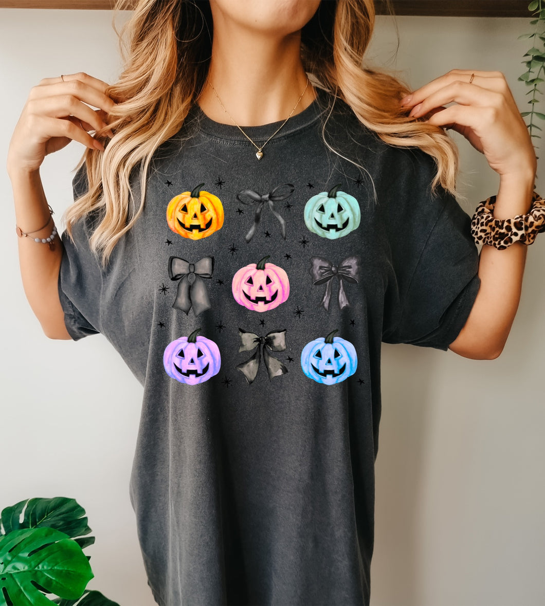 Colorful pumpkin bow tee
