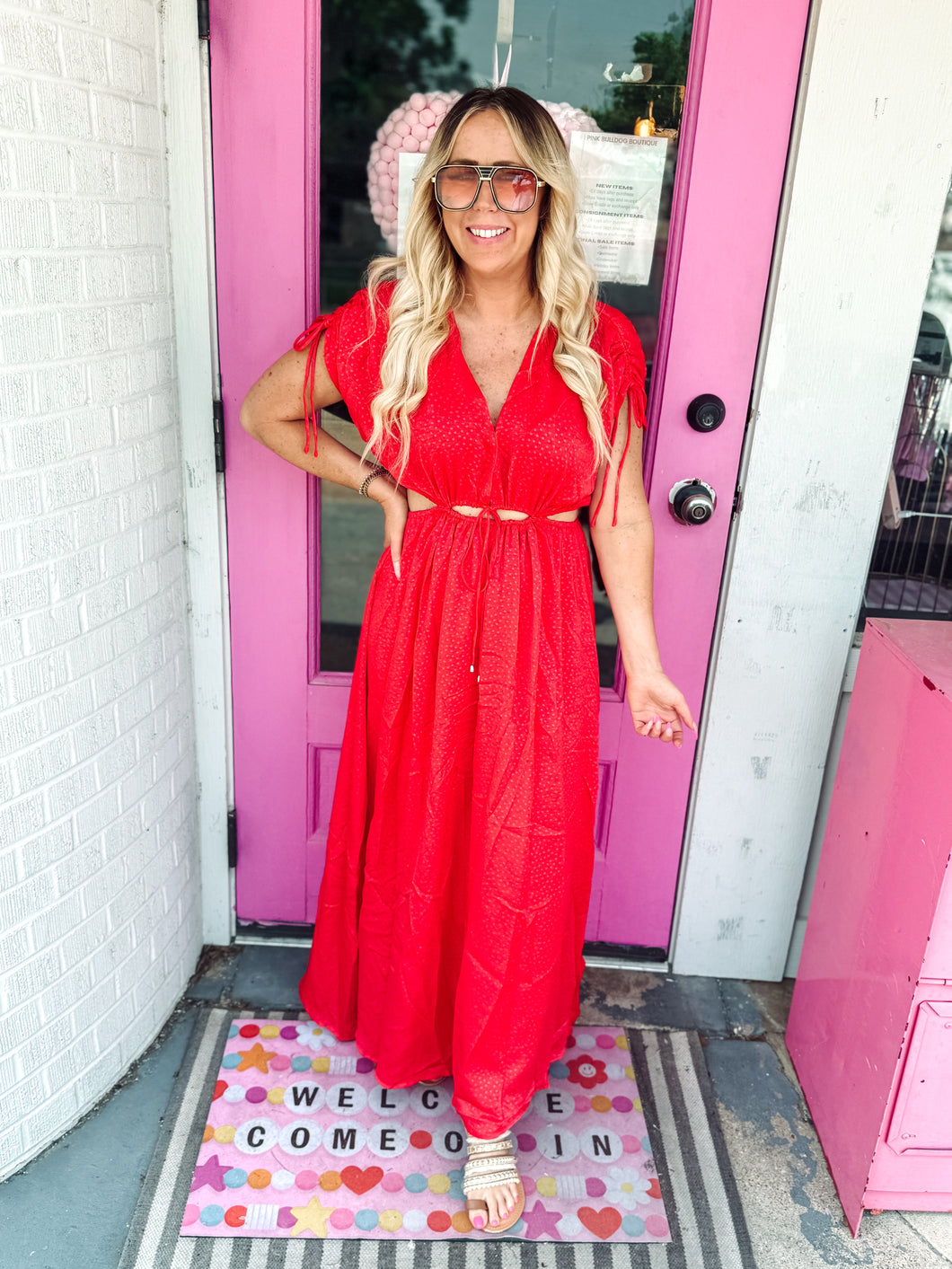 Red Keyhole satin maxi dress