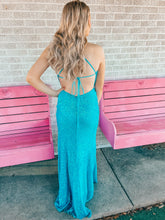 Load image into Gallery viewer, turquoise sequin LA FEMME womens formal dress, 2
