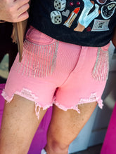 Load image into Gallery viewer, Frayed rhinestone denim shorts
