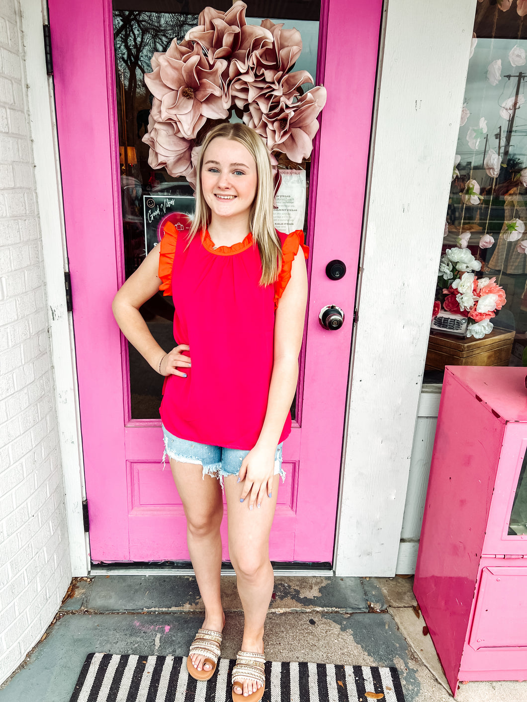 Pink + Orange Ruffle Trim Top