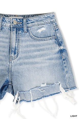 Light wash distressed hem shorts