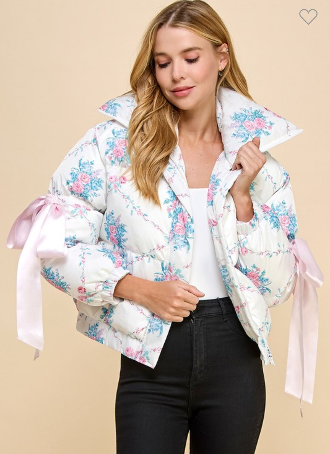 Floral puffer jacket with bows