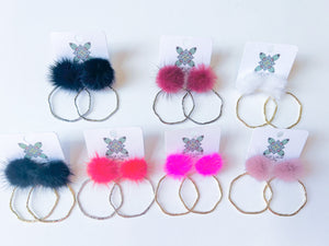 Colorful poms with gold dangle earrings