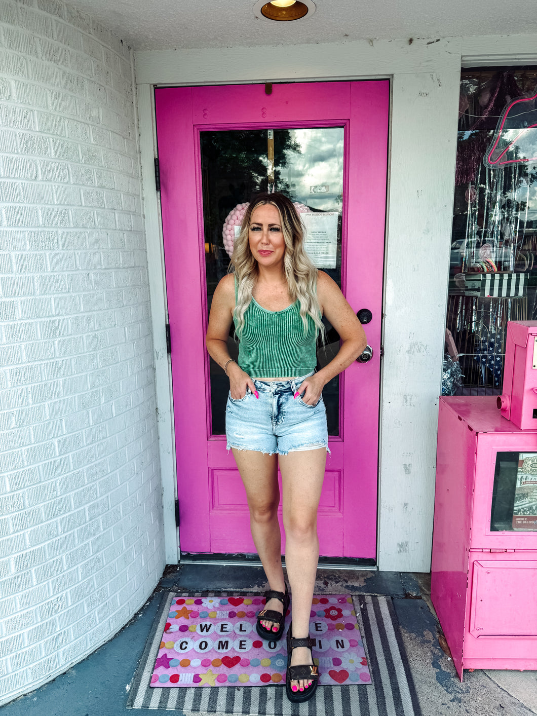 High rise distressed light wash shorts
