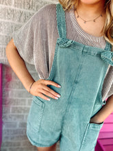 Load image into Gallery viewer, Teal denim short overalls
