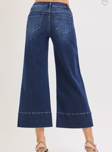 Tummy Control dark wash Mid Rise Crop Wide Pintuck Front