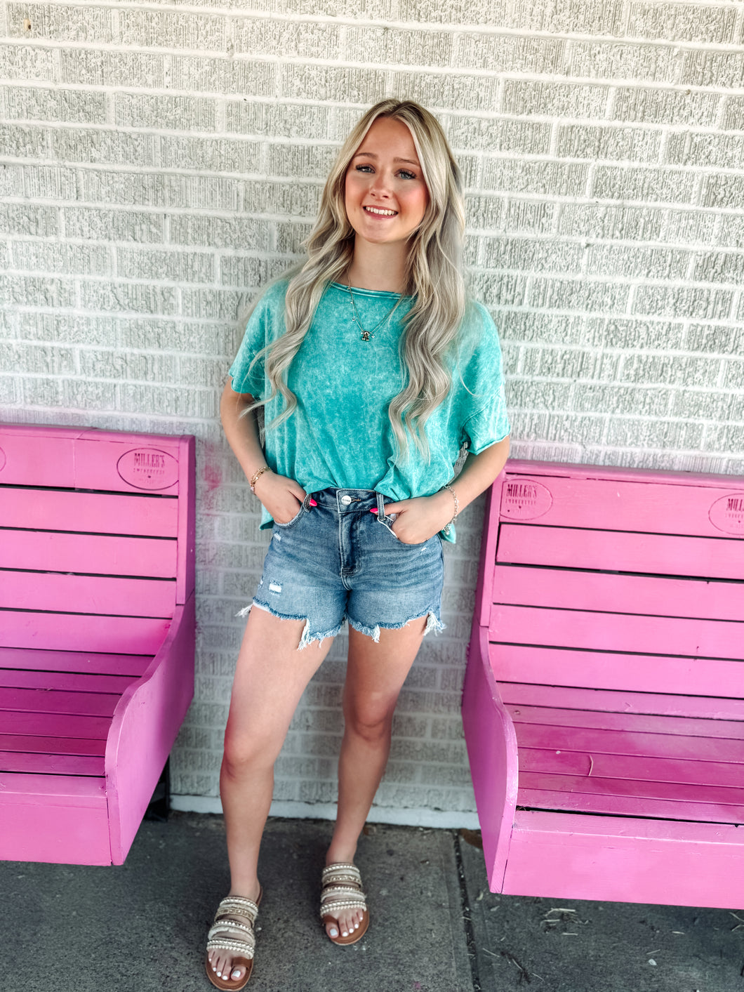 High rise medium wash denim shorts