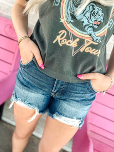 Tummy control mid rise dark wash denim shorts