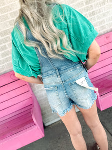 Medium wash distressed overalls