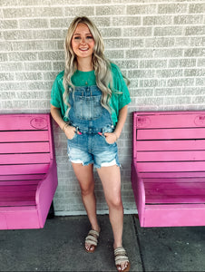 Medium wash distressed overalls