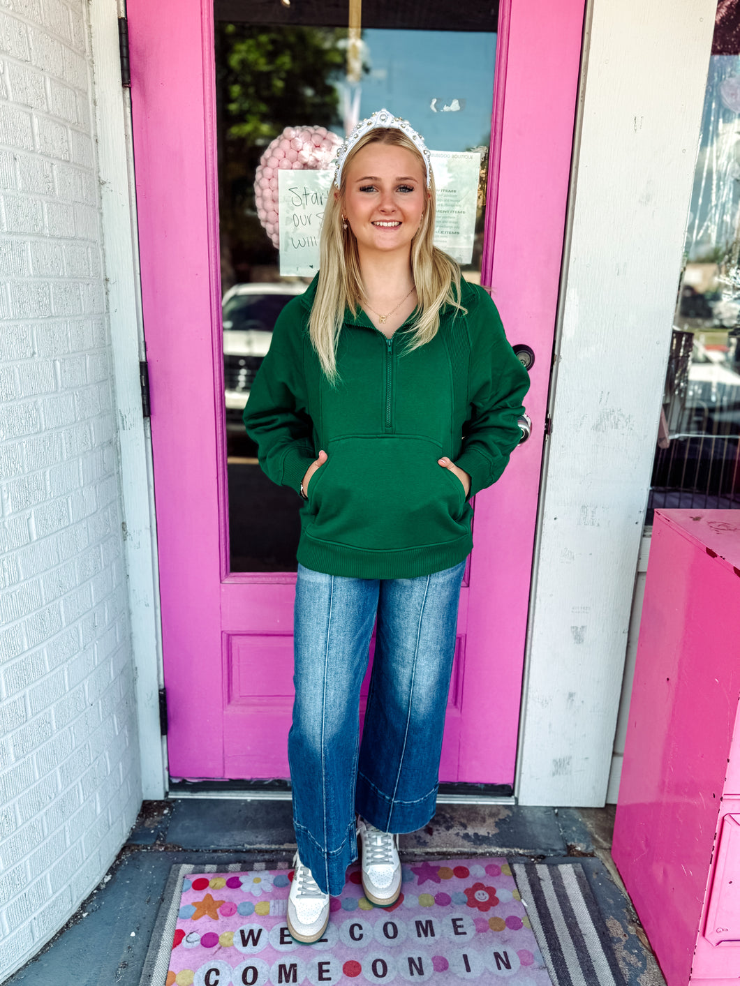 Half zip kangaroo pocket pull over