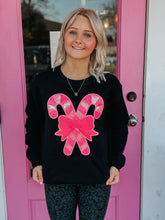 Load image into Gallery viewer, Neon pink sequins bow candy cane sweater

