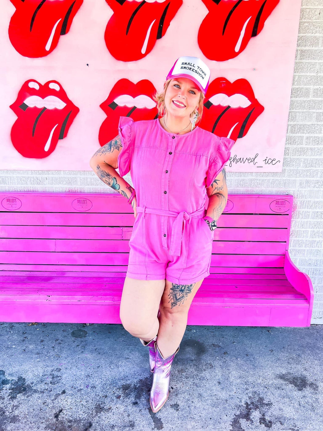 Pink ruffle sleeve romper