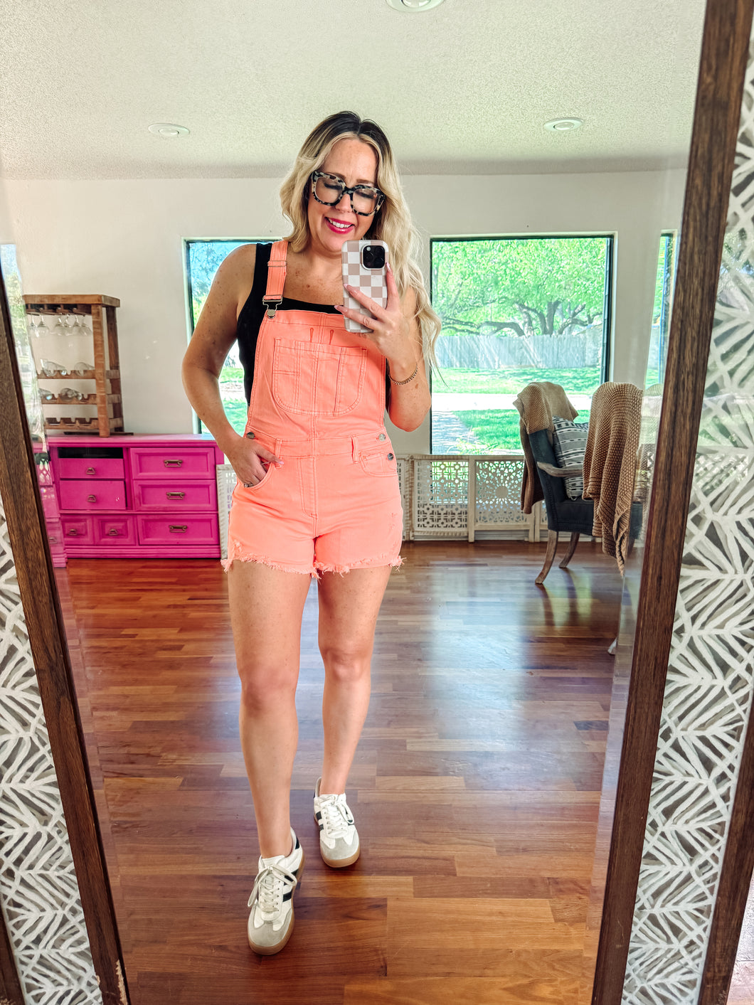 Neon Coral wash distressed overalls