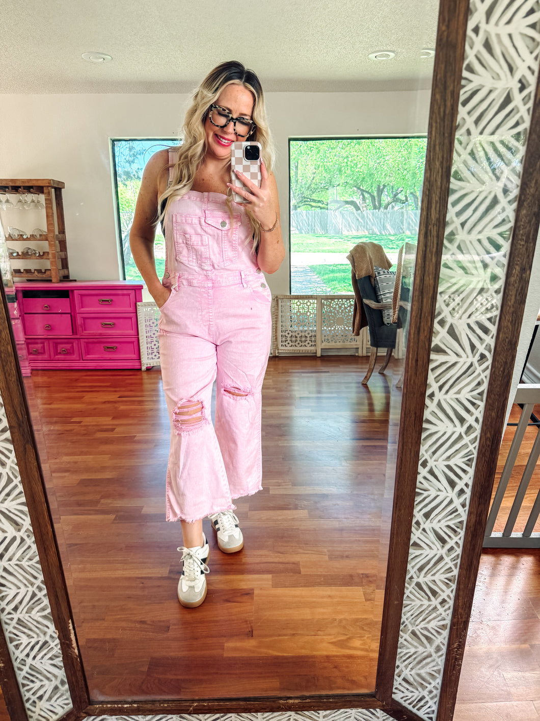 Acid Pink Crop Straight-Distressed Overalls