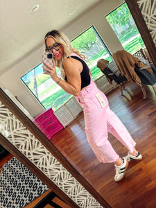 Acid Pink Crop Straight-Distressed Overalls