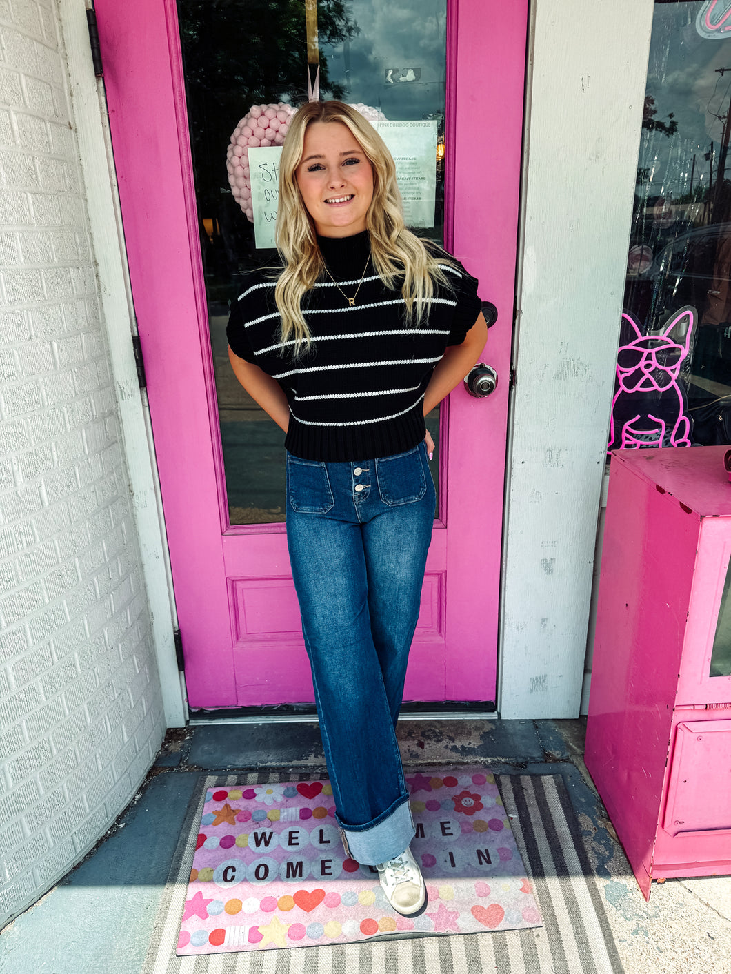High Rise Ankle Wide Button Down Cuffed Jeans