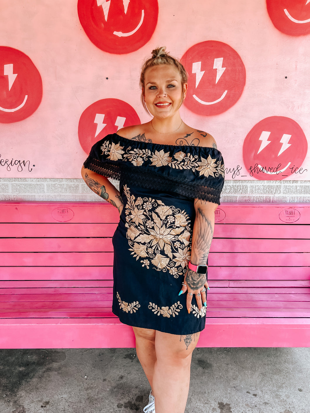 Black Pink Bulldog Womens Dress, Medium