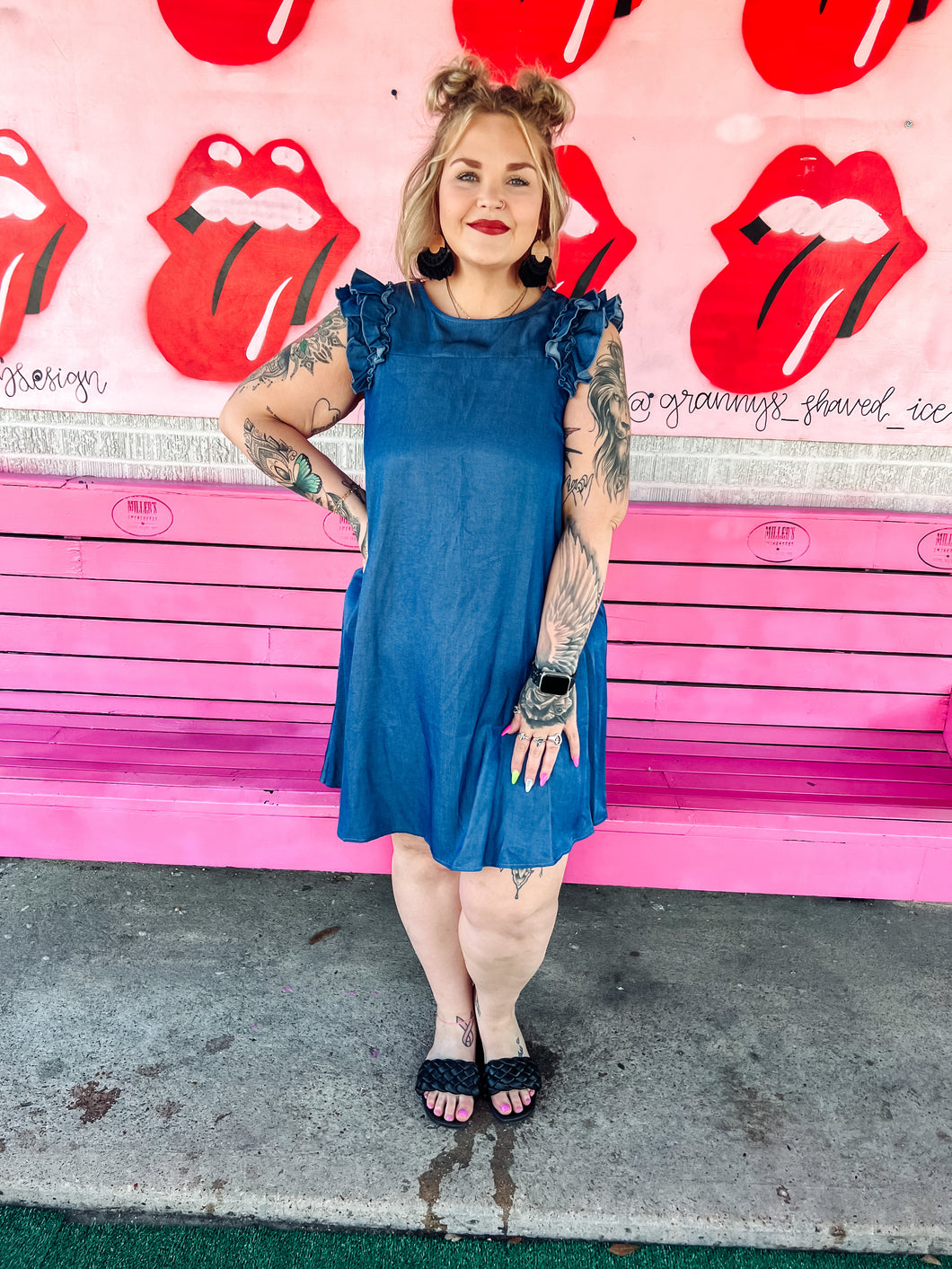 Denim Pink Bulldog Womens Dress, Large