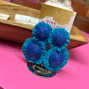 Blue circle raffia earrings